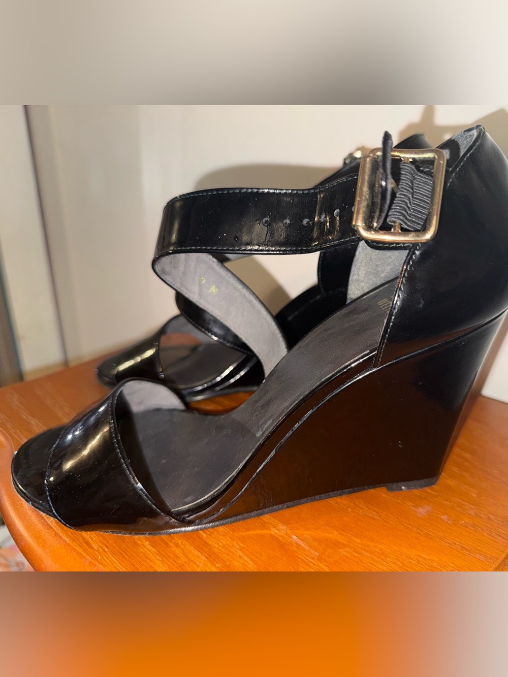 Vintage Stuart Weitzman Black Patent Wedge Sandals